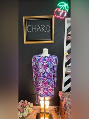 Vintage St. Gillian 100% Silk Purple Floral Mini Dress with Side Bow Buckle